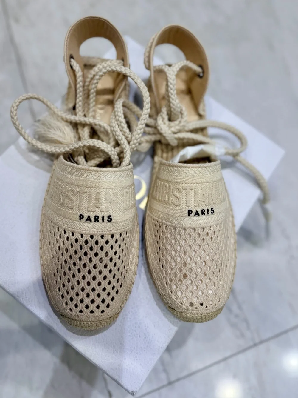 New without tag Dior Cream Woven Lace-Up Flat Espadrilles
